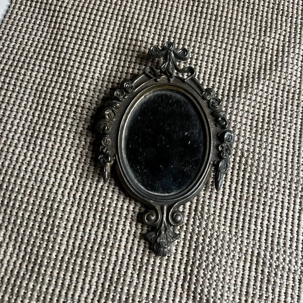 Vintage Italy Miniature Oval Wall Mirror Silver Tone Rose Floral Bow Ornate 5"